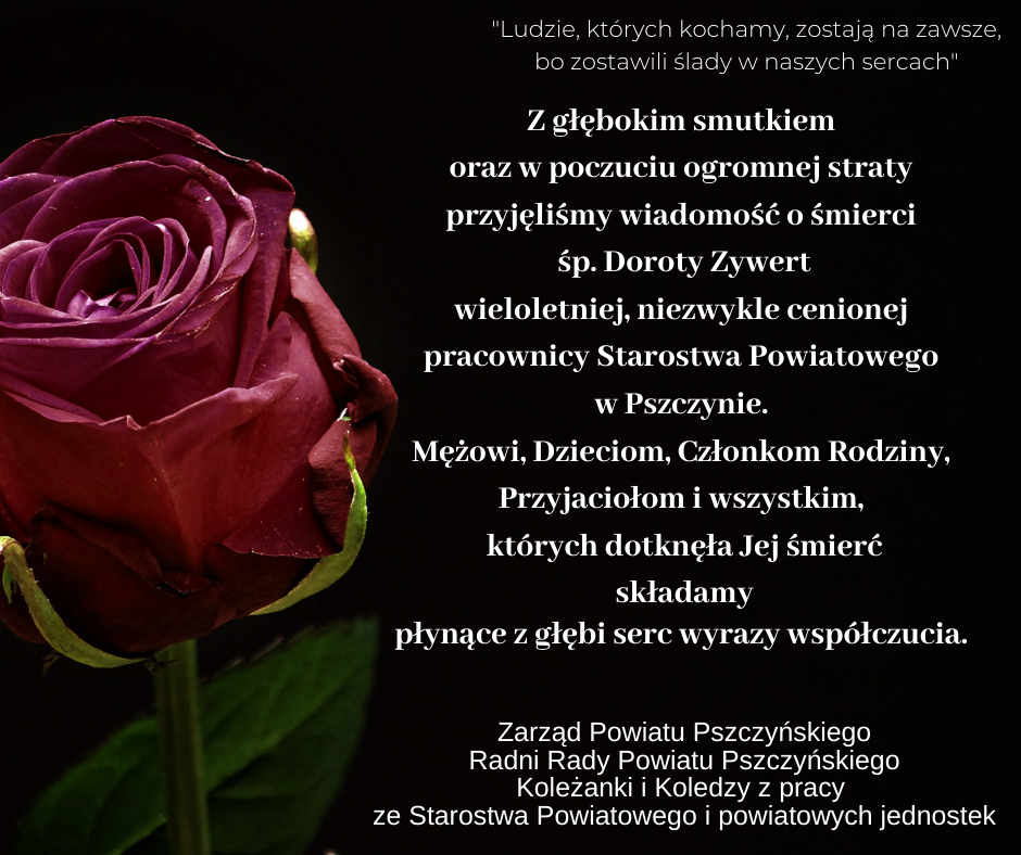 Na czarnym tle czerwona róża i treść kondolencji