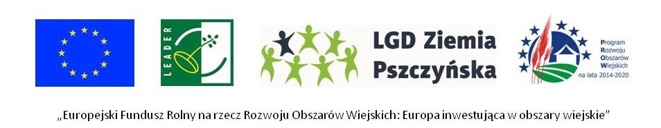 Logotypy Unii Europejskiej - 16 żółtych gwiazdek na niebieskim tle, programu Leader, LGD Ziamia Pszczyńska oraz Programu Rozowju Obszarów Wiejksich na lata 2014-2020.