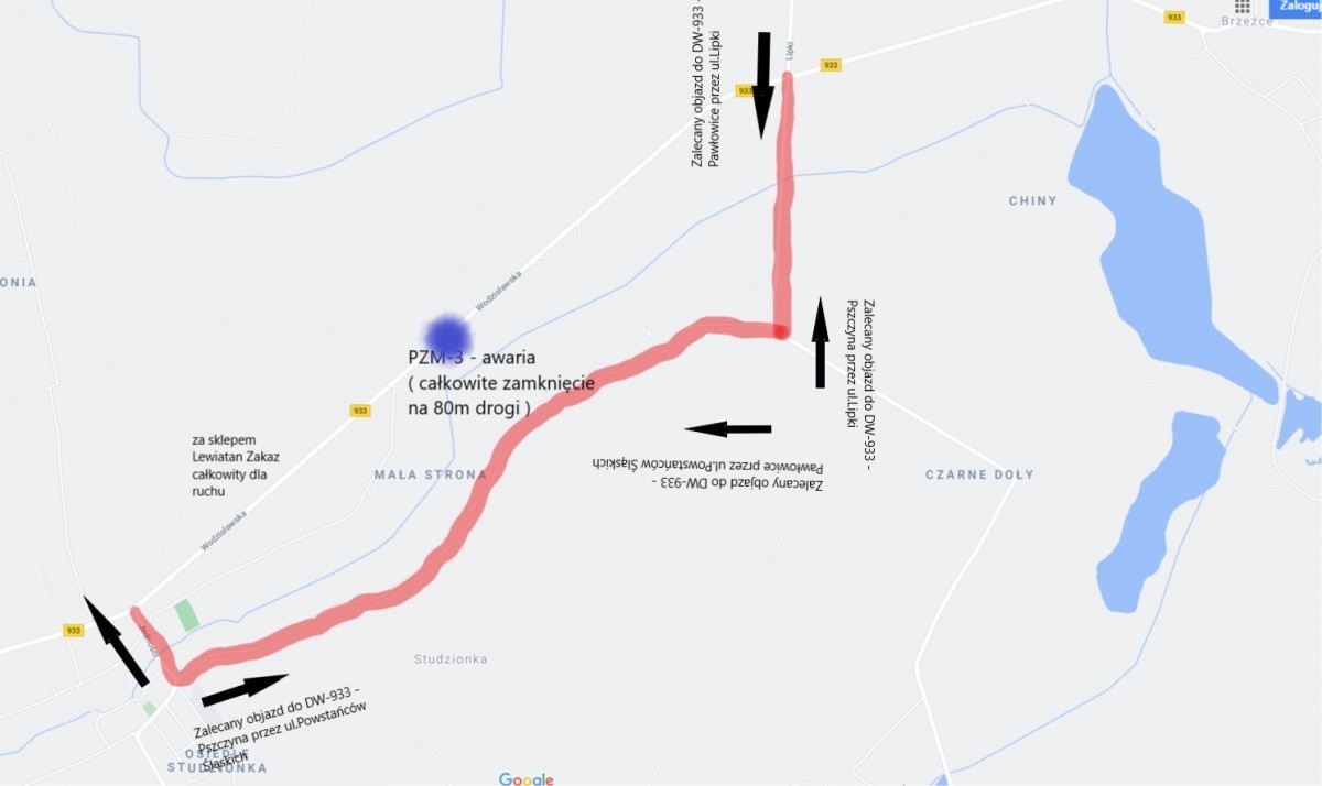 Mapa awarii DW 933 z wytyczonym ojazdem.
