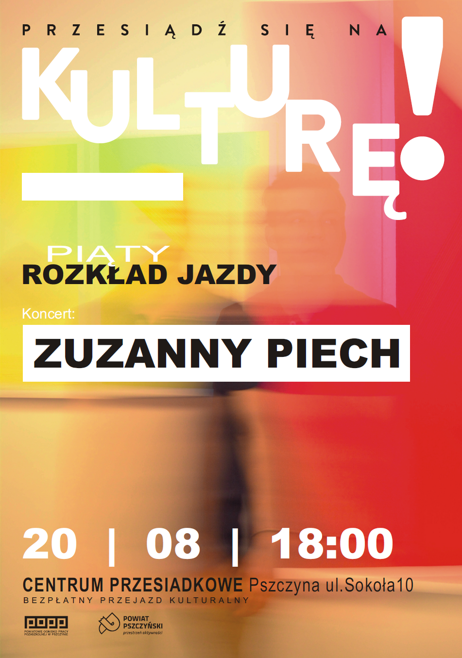 Plakat informujący o koncercie, napisy na czerwono-pomarańczowym tle.