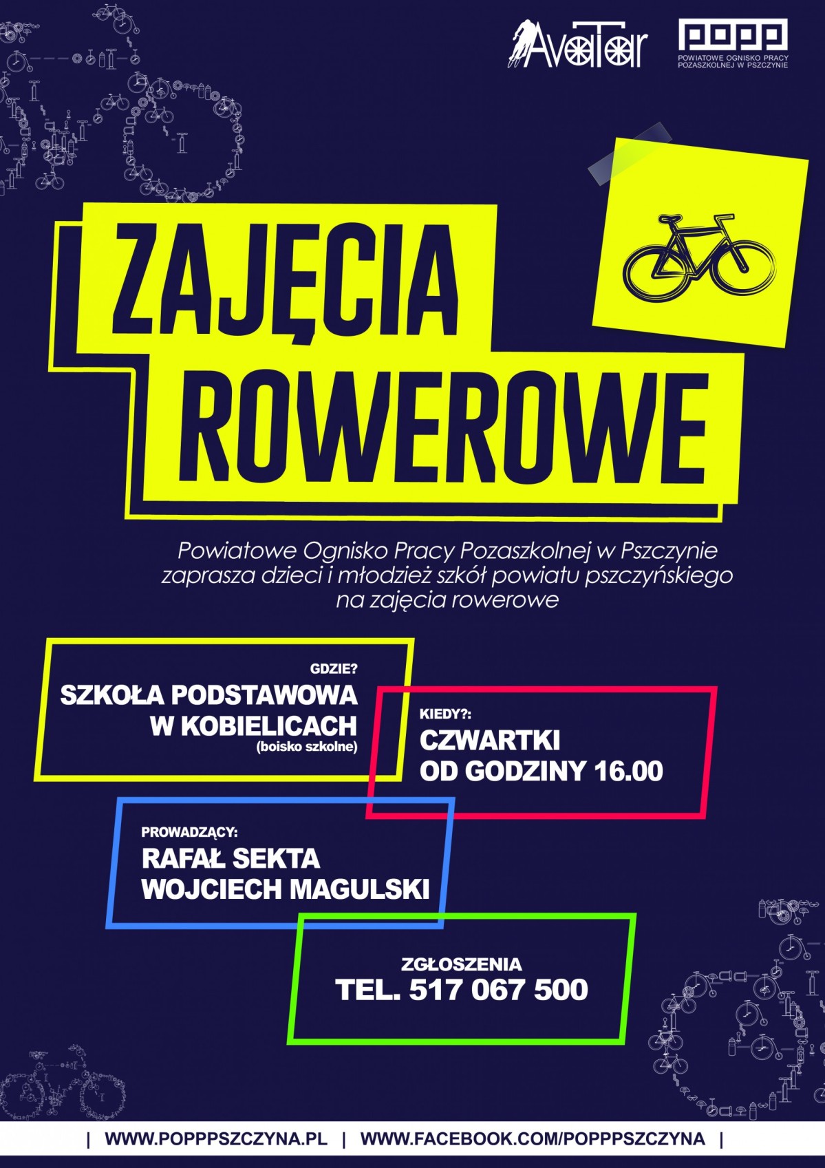 Plakat informujący o zajęciach rowerowych na czernym tle zapisano informacje oraz umiesczzono grafikę rowera.