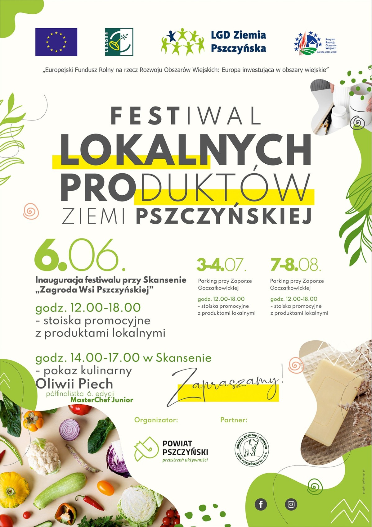 Plakat z harmonogramem Festiwalu Lokalnych Produktów Ziemi Pszczyńskiej.