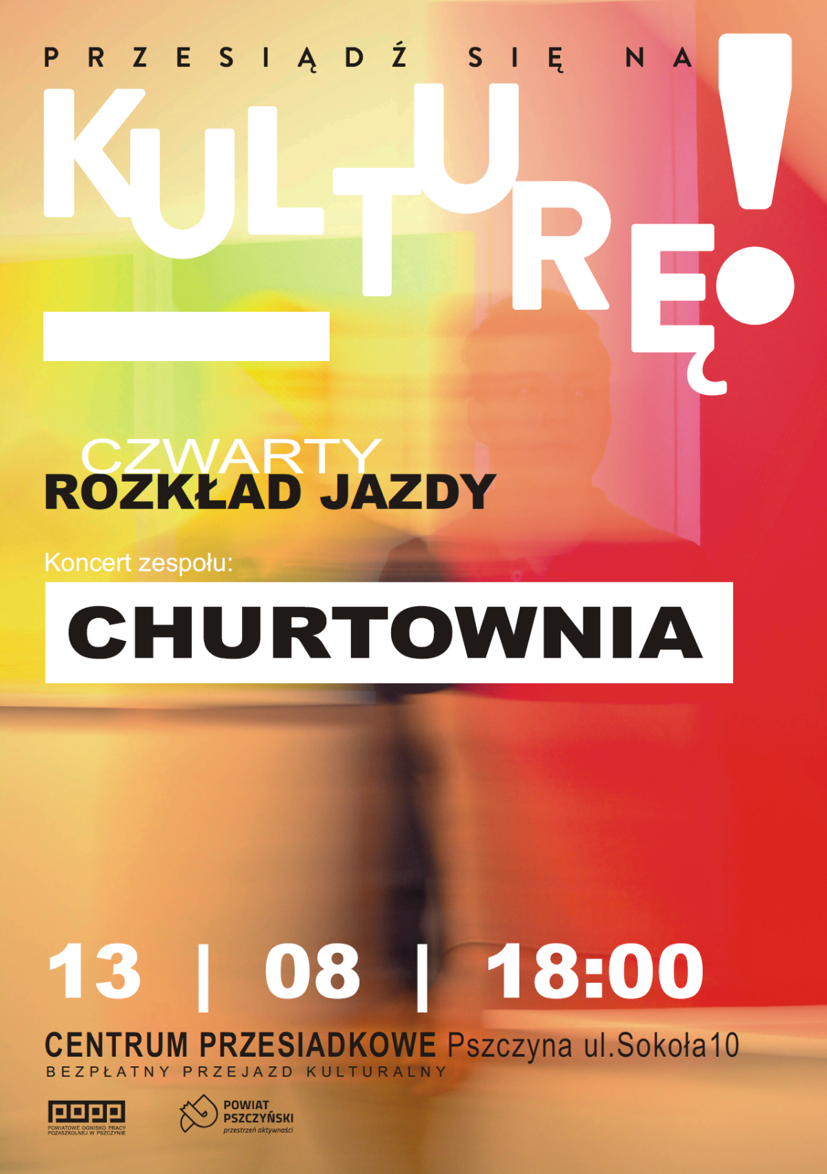 Plakat informujący o koncercie, napisy na czerwono-pomarańczowym tle.
