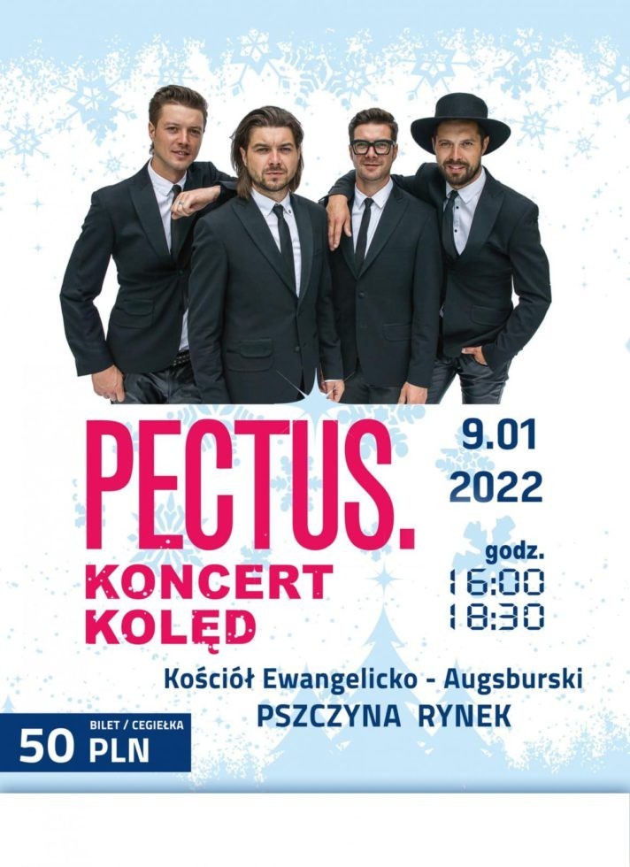 Plakat ze zdjęciem zespołu Pectus oraz szczegółami koncertów kolędowych w Pszczynie.