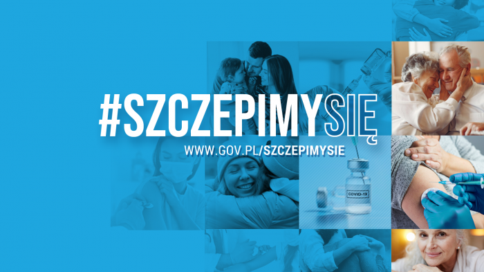 Błękitne tło. Na środku napis "szczepimysię" (www.gov.pl/szczepimysie). Po prawej stronie miniaturki zdjęć, m.in szczepionek i starszych osób.