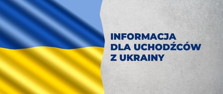 Flaga Ukrainy oraz napis na szarym tle - Informacja dla uchodźców z Ukrainy