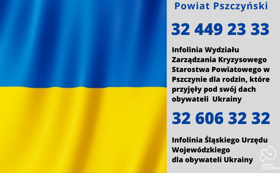 Grafika z niebiesko-żółtą flagą Ukrainy oraz informacjami o numerach infolinii.