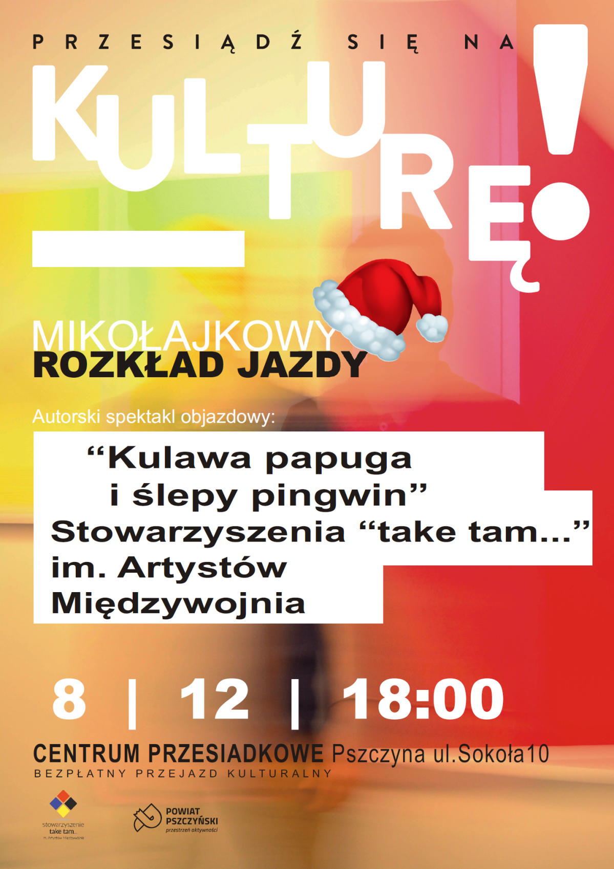 Plakat w żółto-pomarańczowej kolororystyce z informacjami o spektaklu