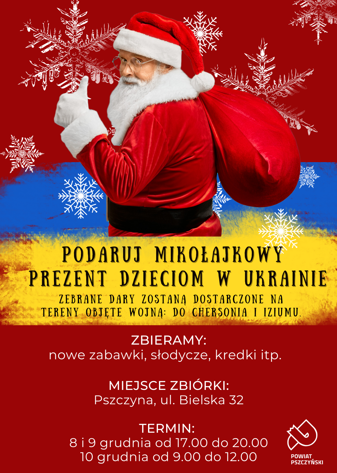 Plakat w czerwonych barwach, z flagą żółto-niebiieską, zdjęciem świętego Mikołaja oraz informacjami o zbiórce.