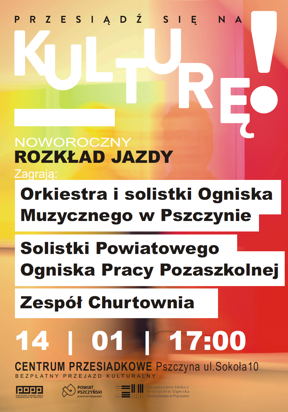 Plakat informujący o koncercie noworocznym, na żółto-pomarańczowym tle informacje o koncercie.