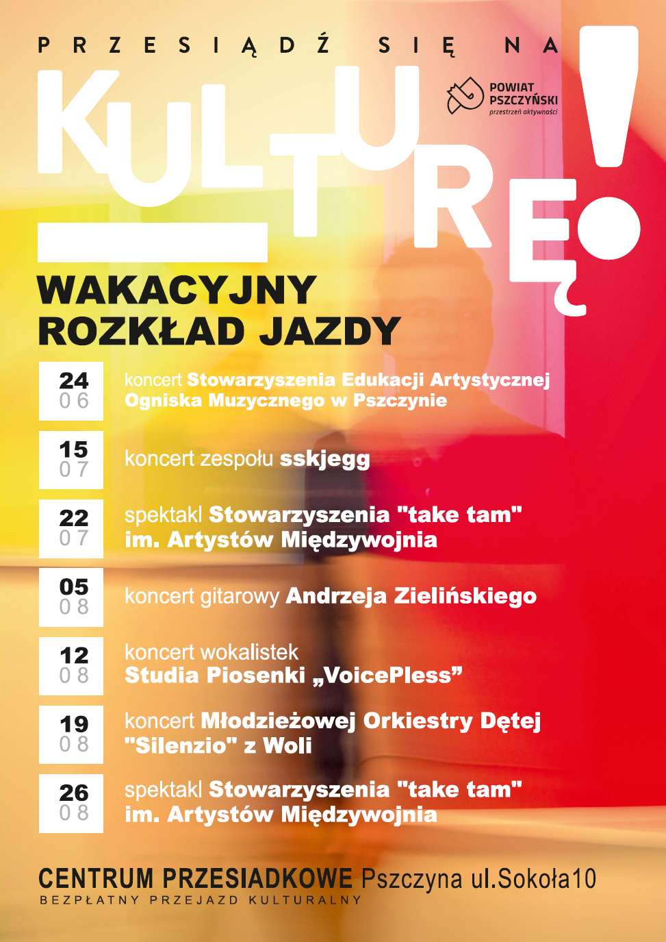czerwowno pomarańczowy plakat z informacjami o zbliżających się koncertach