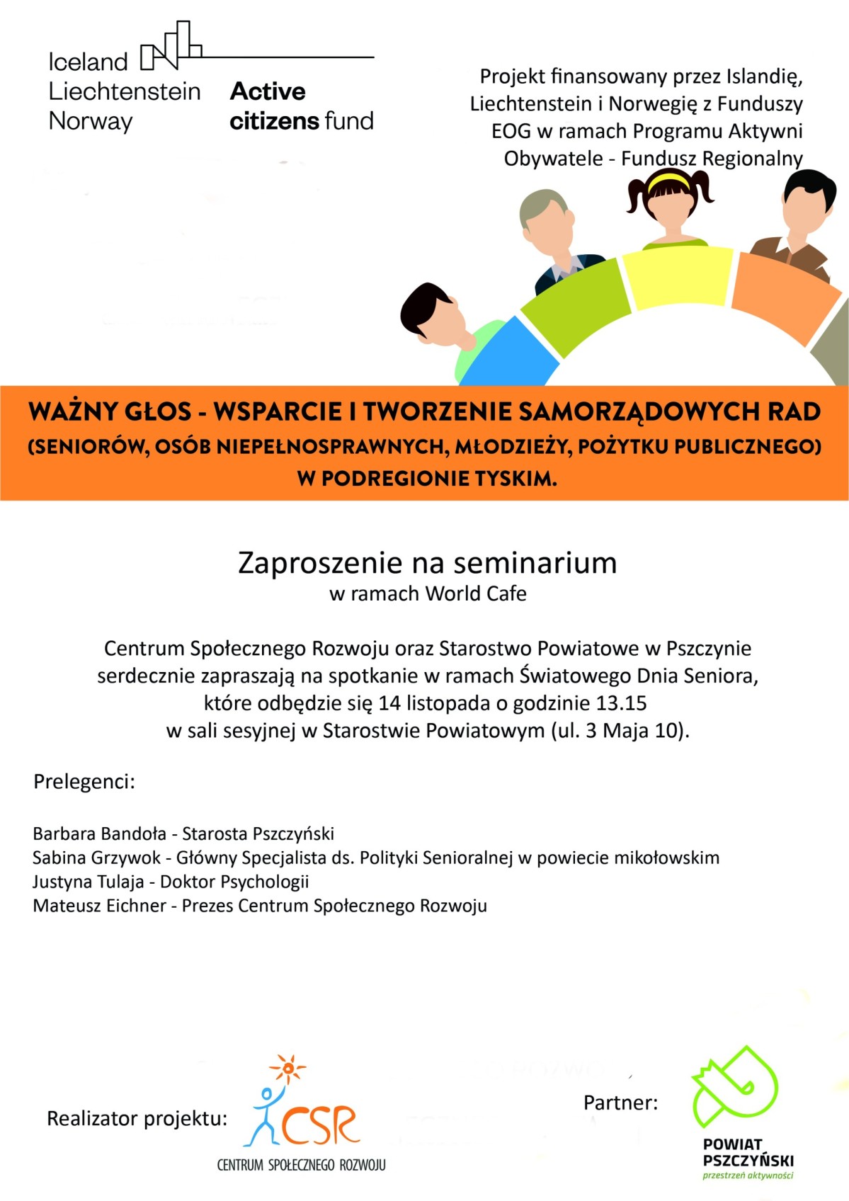 Plakat informujący o seminarium informacyjnym w starostwie powiatowym. Program, prelegenci, loga organizatorów