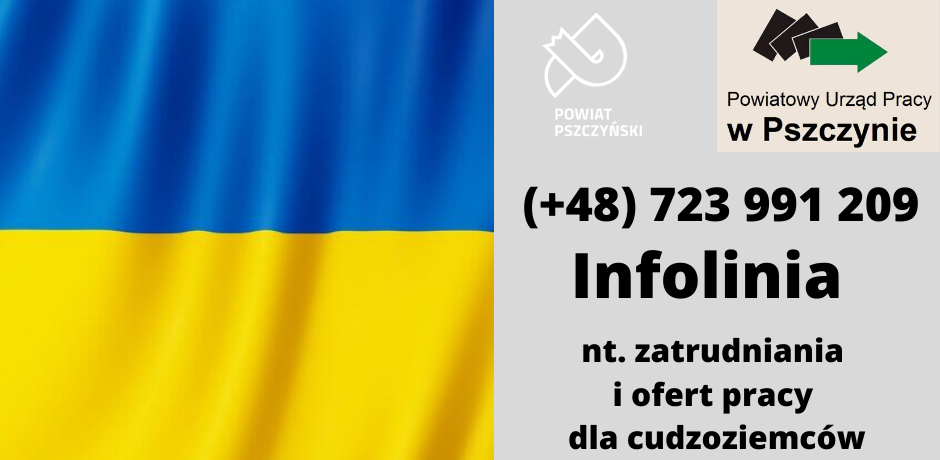 Grafika z niebiesko-żółtą flagą Ukrainy oraz informacjami o infolinii urzędu pracy