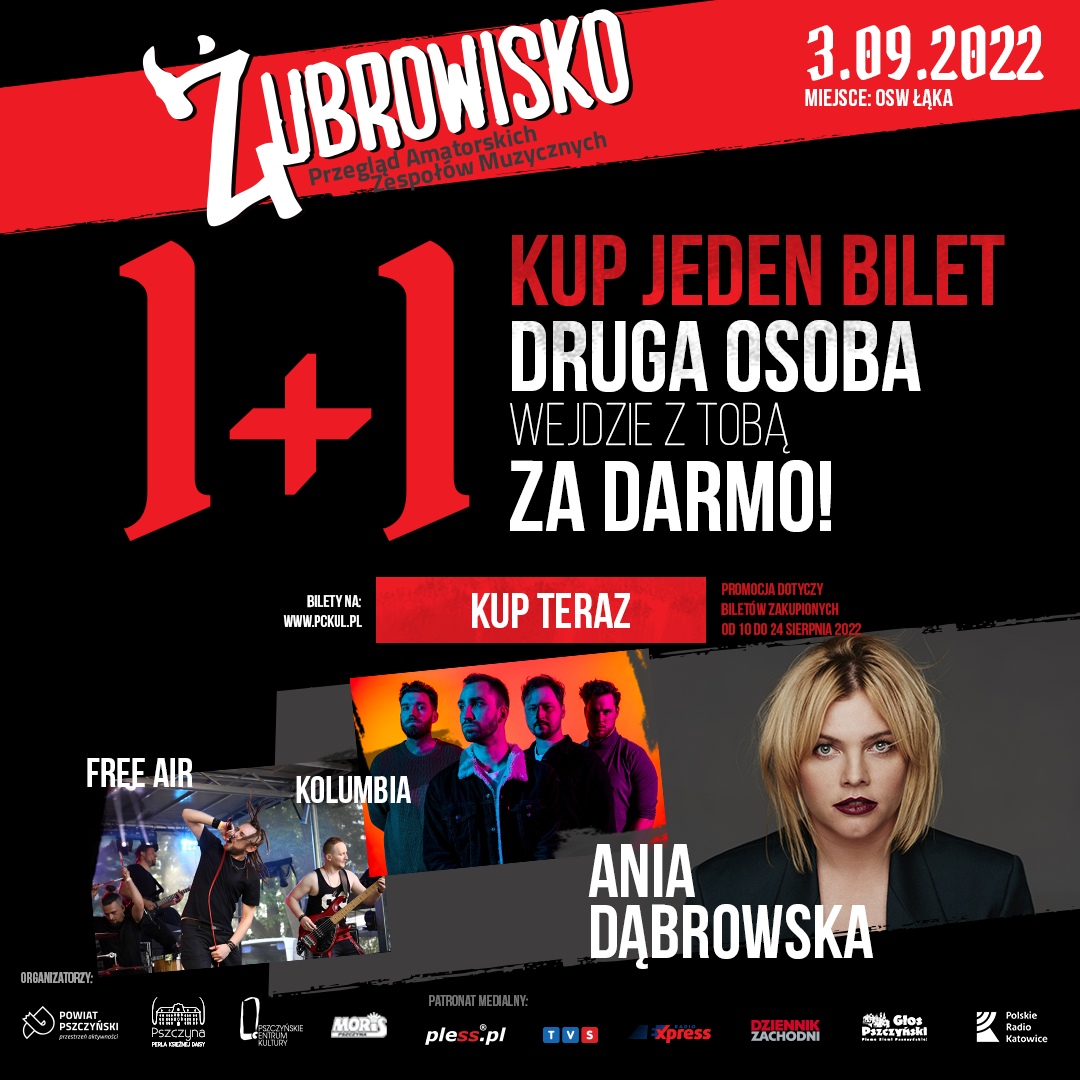 Grafika ze zdjęciem Ani Dąbrowskiej, Free Air oraz Kolumbii oraz informacjami o Żubrowisku.