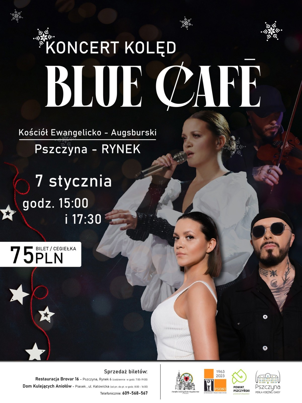 Plakat z informacjami o koncercie oraz zdjęciem zespołu Blue Cafe