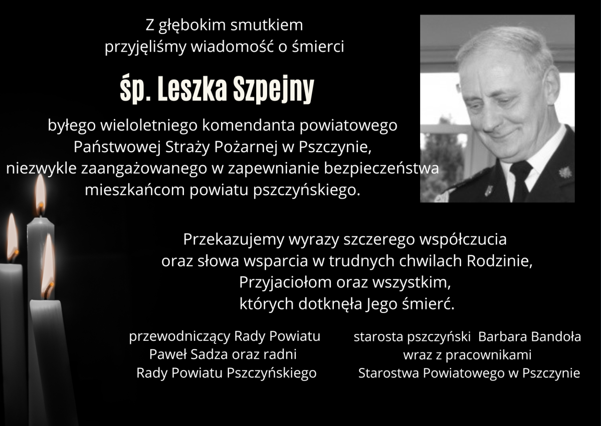Grafika z czarnym tłem biało czarnym zdjęciem Leszka Szpejny oraz treścią kondolencji