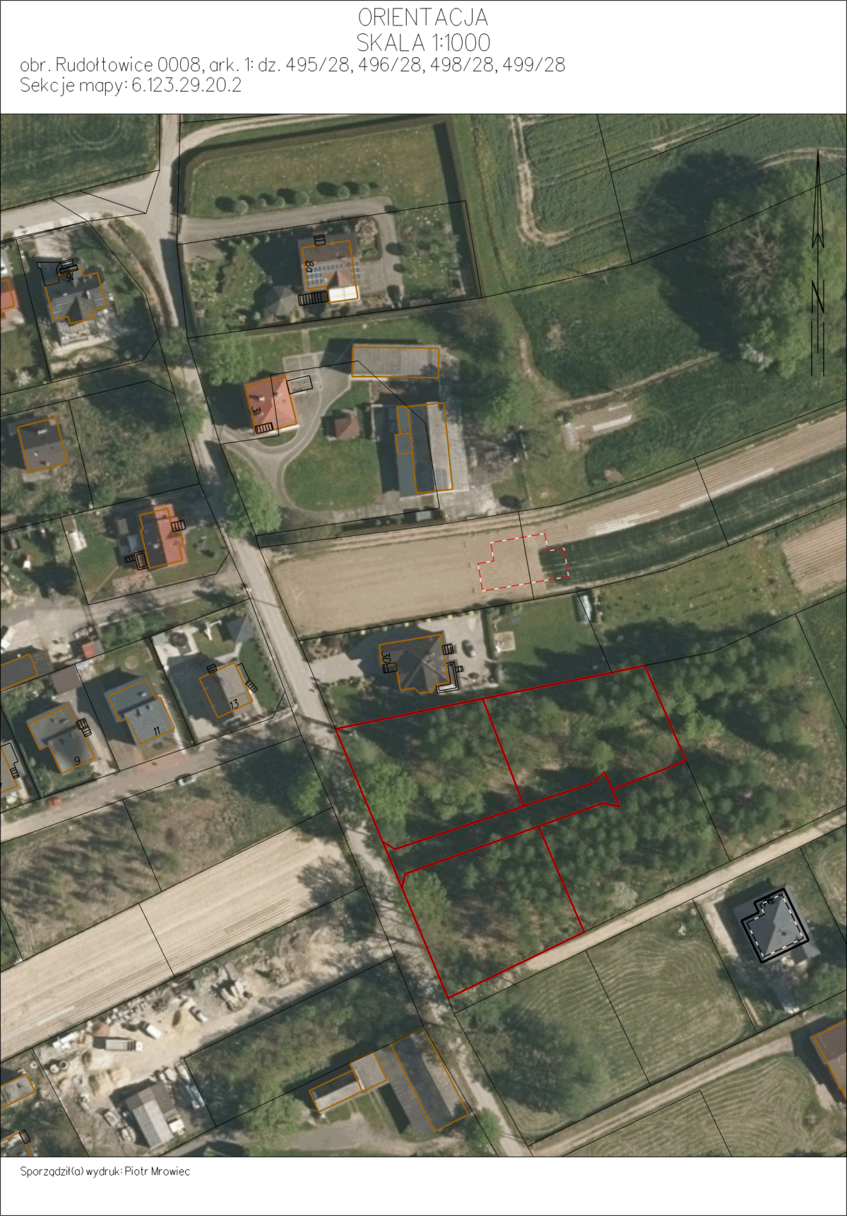 mapa orientacyjna obszaru w Rudołtowicach przy ul. Witosa. Na czerwono zaznaczono działki przeznaczone na sprzedaż.