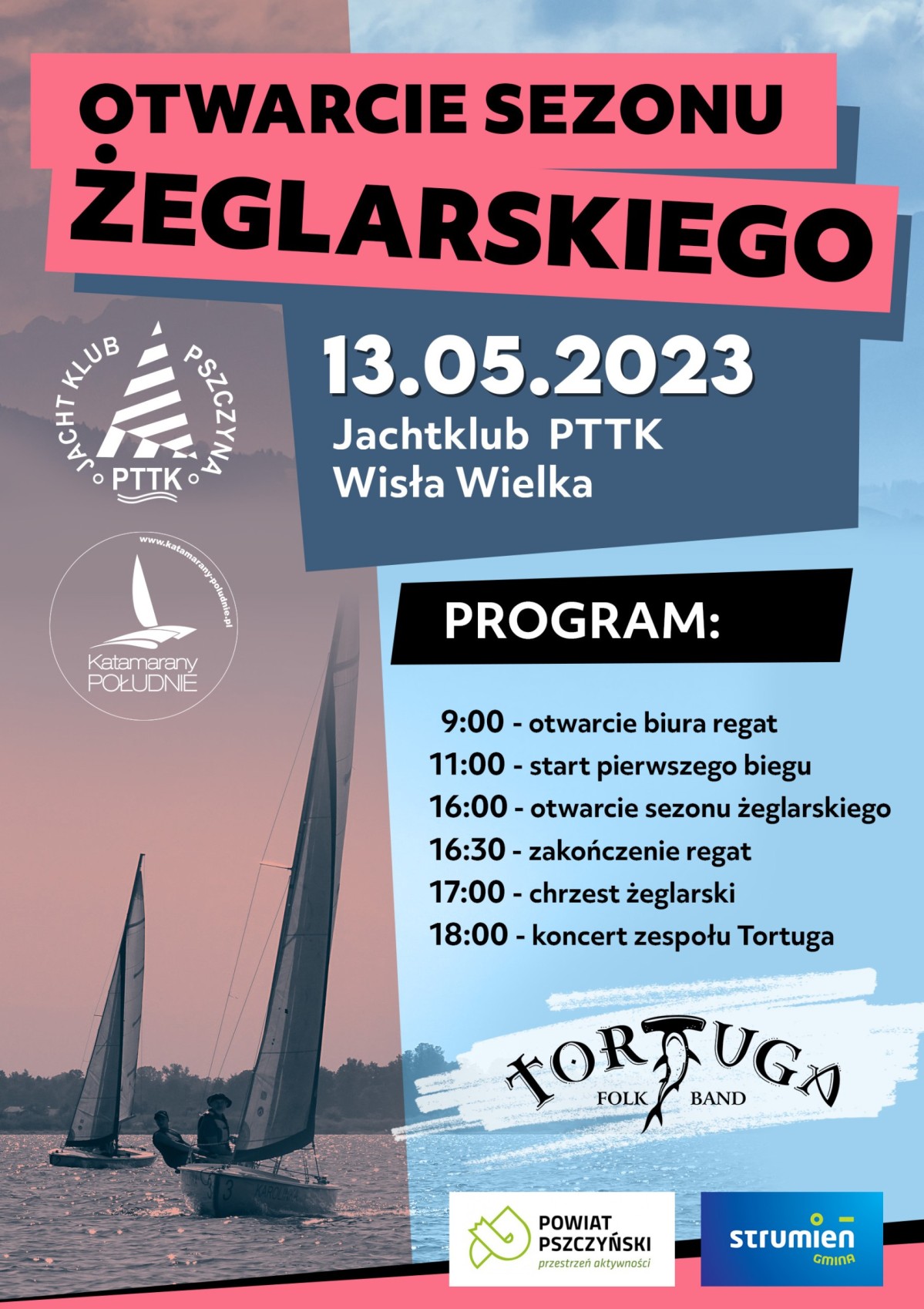 grafika ze zdjęciem żaglówki oraz programem regat żeglarskich i otwarcia sezonu żeglarskiego.