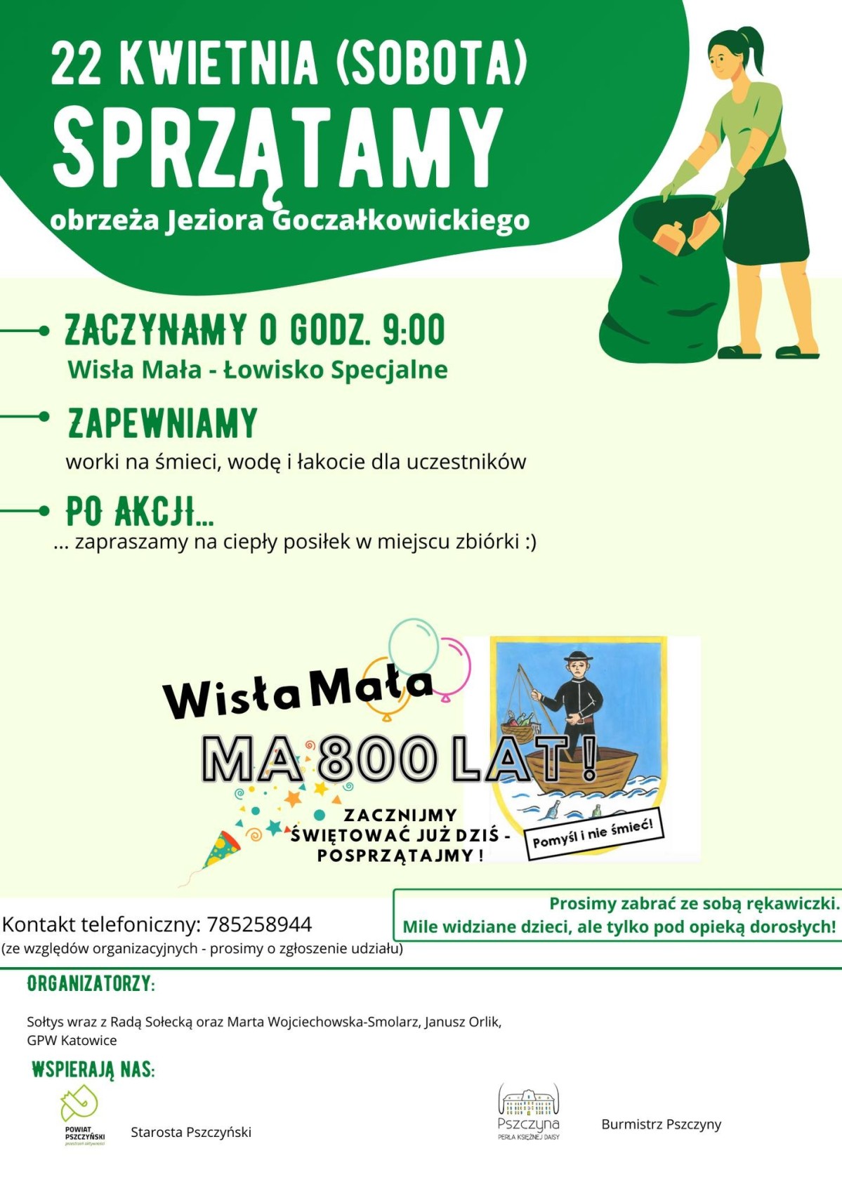 Plakat akcji sprzątamy obrzeża jeziora goczałkowickiego z informacjami o wydarzeniu