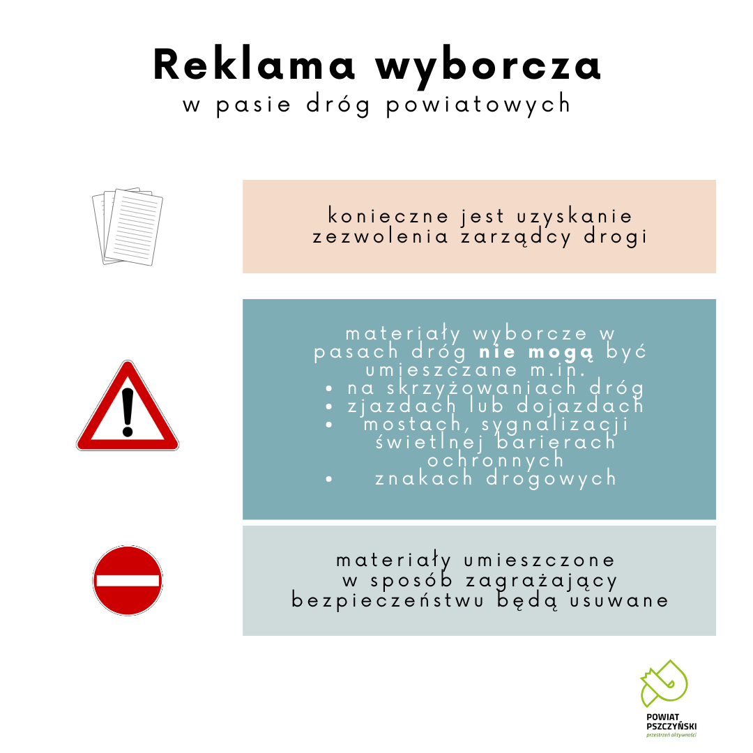 Grafika z hasłem reklama wyborcza w pasie dróg powiatowych i głównymi zasadami