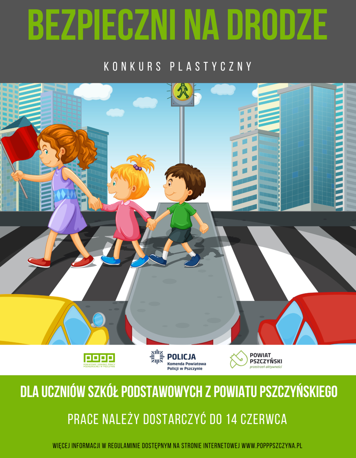 Plakat z informacjami o konkursie bezpieczni an drodze oraz grafiką - dziećmi przechodzcymi przez pasy