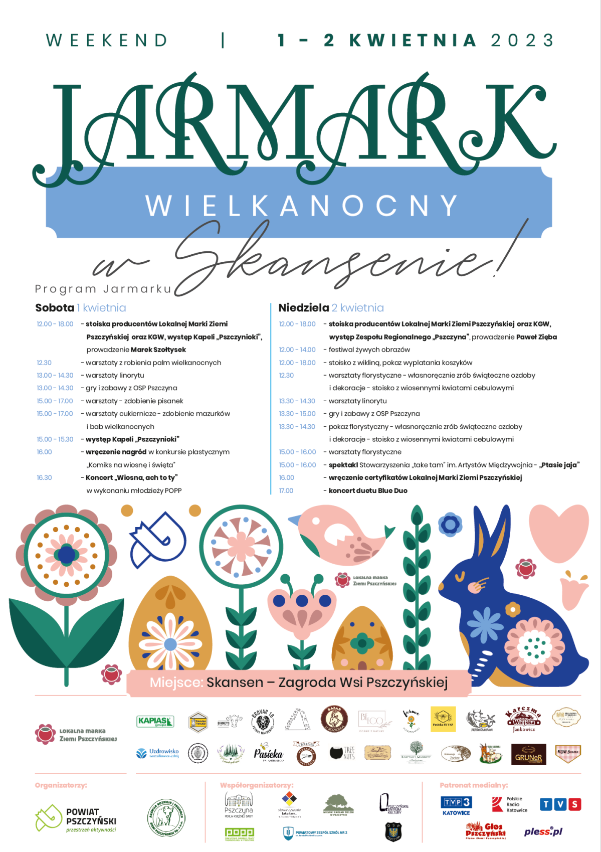 Plakat z programem jarmarku napisem Jarmark wielkanocny, logami organizatorów oraz grafiką - wiatami i jajami wielkanocnymi