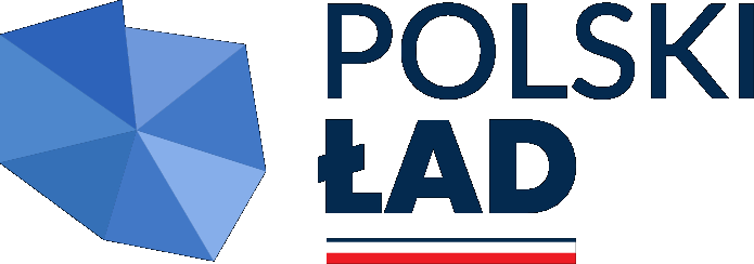 Logo programu Polski Ład - zawiera granatowu napis Polski Ład, pod nim biało-czerwony pasek a po lewej stronie grafikę obrazującą mapę Polski w kolorze granatowym