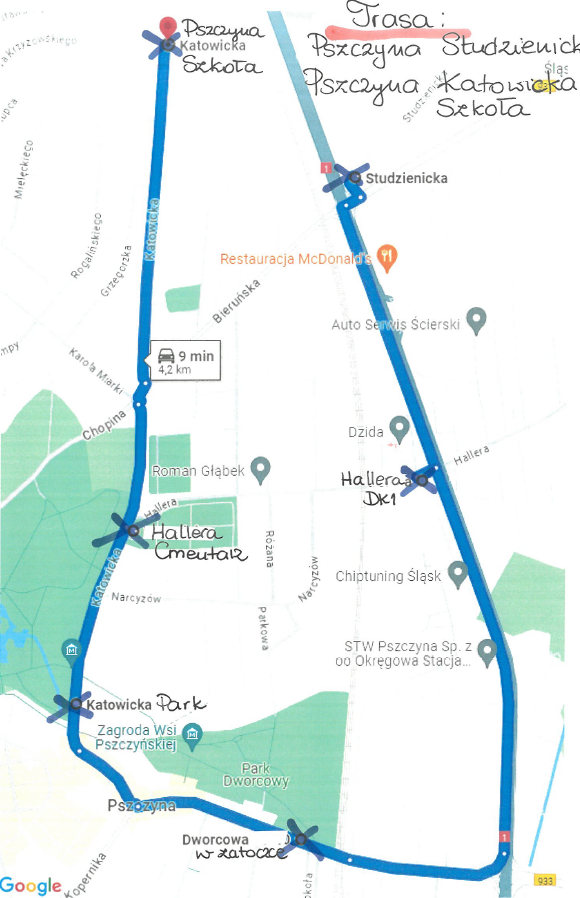 Mapka z wyrysowaną transą busa na linii Bieruńska Centrum DK1 Studzienicka