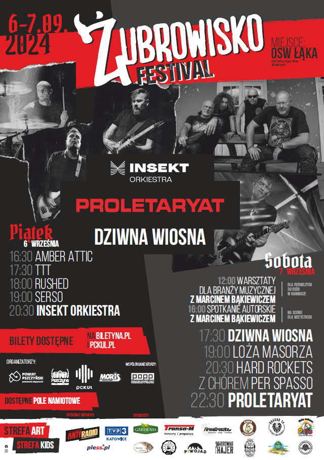 Plakat z infomacjami o żubrowisku oraz zdjęciami zespołów