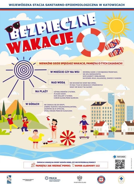 Plakat infrmujący o bezpiecznych zachowaniach w wakacje
